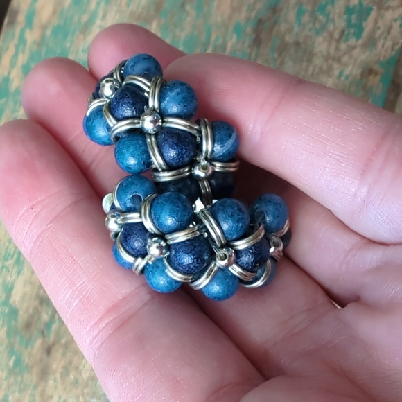 Vintage Jewelry - Vintage Denim Blue Beaded Clip-On Earrings